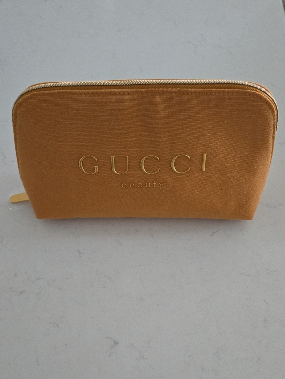 New Gucci Beautypouch Bag  Mustard Yellow Zip Cosmetic Pouch 10 X 5 In